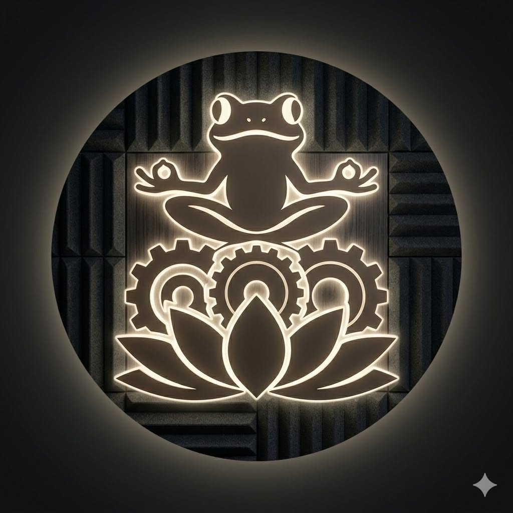 Zenfrog Audio emblem showing a meditating frog, gears and lotus